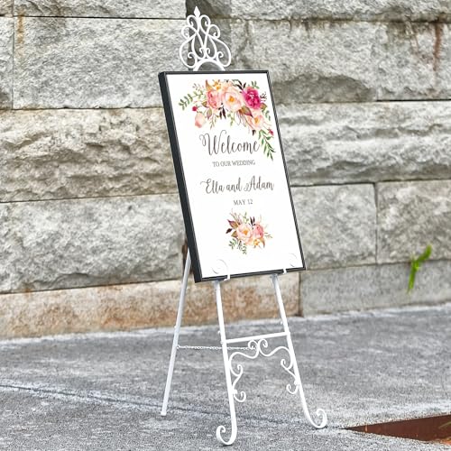 59" H Metal White Large Adjustable Easel Stand for Wedding Sign | Metal Free Standing Scroll Display Easel for Wedding Sign Mirror Picture Poster Holder Showcasing