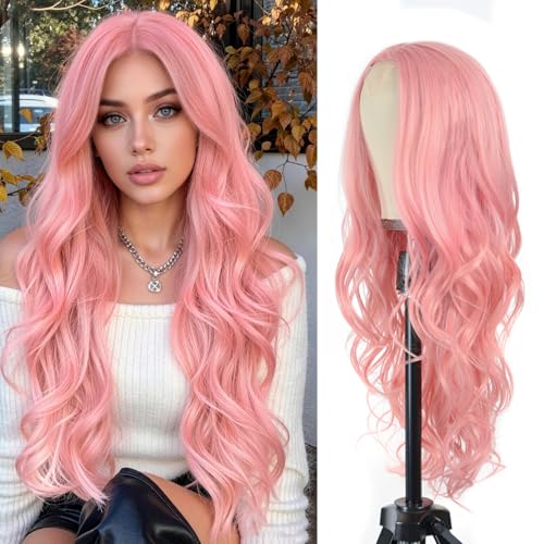 Aida ble Long Pink Wavy Wig for Women 26inch Middle Part Synthetic Wig | Natural Looking Heat Resistant Hair,Suit for Daily Wear,Party,Halloween and Cosplay,Beginner-friendly,Lightweight and soft - color: Pink