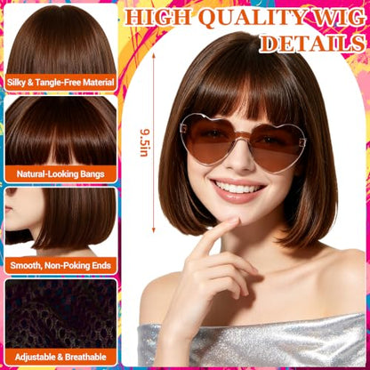 Short Bob Straight Hair Wigs with Bangs, Synthetic Fiber Colorful Hair, Heart-shaped Sunglasses for Women (Dark Brown) - color: Dark Brown