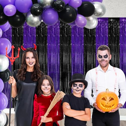 Purple Black Foil Fringe Curtains Birthday Party Decorations, 2 PCS | 3.28 x 6.56 Ft Purple Black Tinsel Streamers Backdrop Banner Photo Booth Props for Graduation Halloween Party Decor Supplies