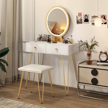 CHARMAID Makeup Vanity Table with Lighted Mirror, Vanity Desk with 2 Large Drawers, Adjustable 3 Lighting Modes, Modern Girls Bedroom Vanity Table with Chair for Small Spaces, White & Gold - color: White, style: 2 Drawers & Acrylic Storage Box