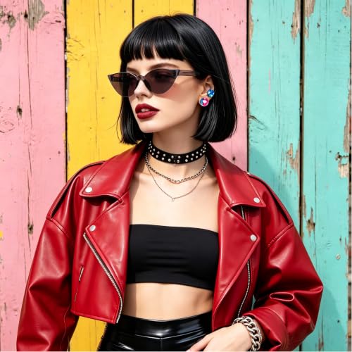 Short Bob Straight Hair Wigs with Bangs, Heat Resistant Fiber Hair, Cat Eye Glasses for Women (Black) - color: Black