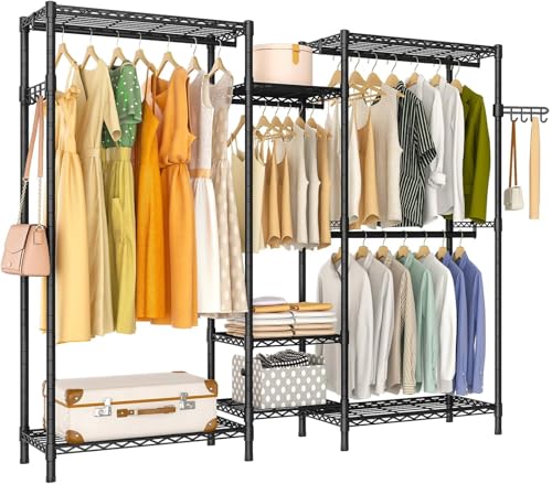Heavy Duty Garment Rack, Portable Wardrobe Clothes Rack | Freestanding Adjustable Clothing Rack with 7 Tiers Adjustable Wire Shelving and 4 Hanger Rods, Max Load 920LBS Black - color: Black, size: B3: 5 Tiers with 4 Rods,72.4"L x 15.7"W x 76.8"H
