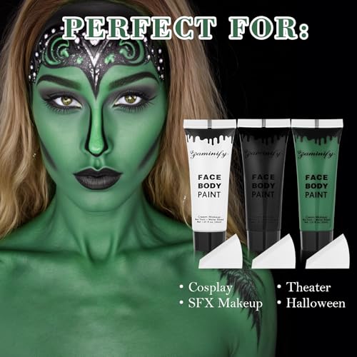 St Patricks Day Black White Green Face Body Paint 1.01 oz/pc with 3 Sponges,Dark Green St Patrick's Day Costume Painting Kit, Elphaba Halloween SFX Witch Makeup Cream Face Paint,3 oz - color: black+white+green