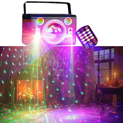 LED Disco Ball Light, Stage Laser Light, 4 Lens Laser Show, 2 Strobe Eyes Effects, Sound Activated, Remote Control, for Home Parties Holiday Christmas Birthday Wedding Karaoke DJ Club Bar Pub, Black