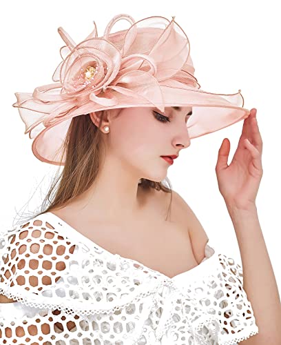 Women Derby Fascinator Hat Organza Church Wedding Hats Wide Brim Cocktail Tea Party Hat - color: 08 Peach Pink