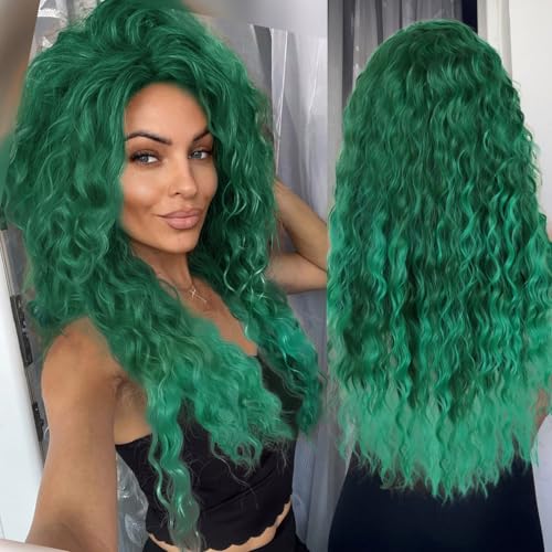 26 Inch Long Curly Green Wig Ombre Fluffy Synthetic Hair Medusa Cosplay Wig - color: Green