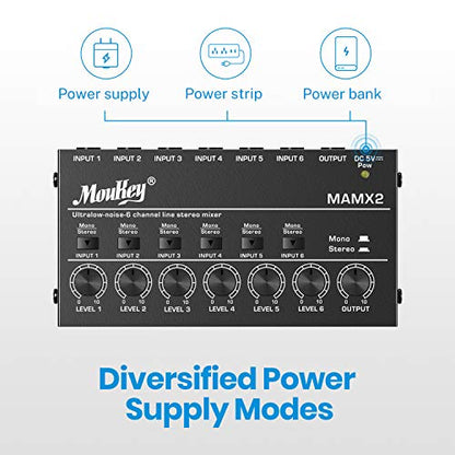 Moukey Audio Mixer, DC 5V, 6 Stereo Ultra, Low Noise 6 Channel Line Mixer for Sub-Mixing, for Small Clubs or Bars, As Guitars, Bass, Keyboards Mixer, MAMX2 - size: Medium (6-channel)