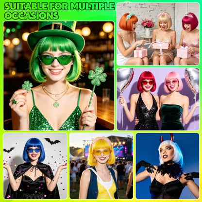 Short Bob Straight Hair Wigs with Bangs, Heat Resistant Fiber Hair, Cat Eye Glasses for Women (Green) - color: Green