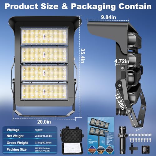 0-150000LM Led Stadium Lights Outdoor Dimmable 0-1000w | Commercial Super Bright Led Arena Floodlight 100-277v 5000k Yoke Mount IP66 Pole Light for Outside Large Area, Sportcourt - size: Extra Large/1000/Dimmable