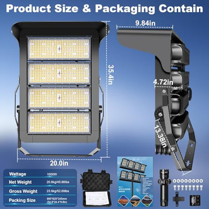 0-150000LM Led Stadium Lights Outdoor Dimmable 0-1000w | Commercial Super Bright Led Arena Floodlight 100-277v 5000k Yoke Mount IP66 Pole Light for Outside Large Area, Sportcourt - size: Extra Large/1000/Dimmable