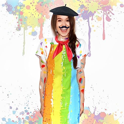 Kyson Artist Costume for Adult 8 Pcs Painter Halloween Dress Up with Beret Apron Palette Paint Brushes Earrings Bandana Beard - color: Rainbow Pattern Apron