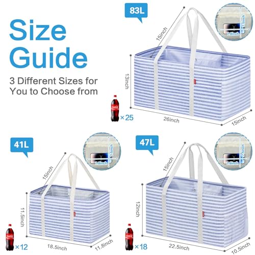 LHZK Standing Utility Tote Bag with Metal Wire Frame and the Sides Rinforced, Large Tote Bag with Handle, Reusable Grocery Bags Foldable, Beach Bag, Car Tote (Blue, 18.5''x11.8''x11.5'') - color: Blue, size: 18.5''x11.8''x11.5''-1 Pack