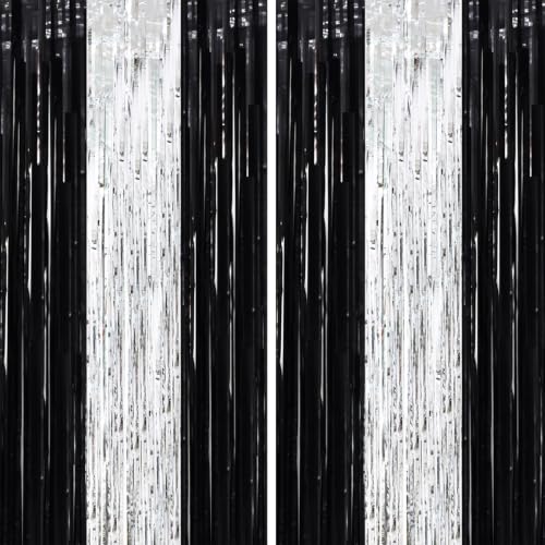 Voircoloria Black Silver Foil Fringe Backdrop Curtains,3.3x6.6ft, 2 Pack - color: Black and Silver