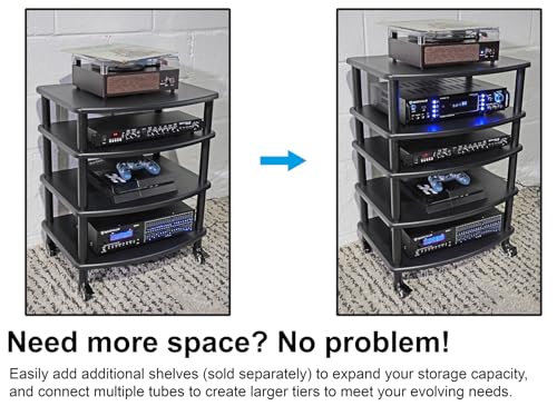 Rockville FLX Black Adjustable Height 4 Shelf Home Theater Audio Rack Stand, 24"x18", 300lb Limit, Steel Tubes, Perfect for Home Theaters, Studios | 300 lb Capacity, 24"x18" MDF Shelves, Expandable, Lockable Casters, Carpet Spikes, Rubber Feet, Open-Air V