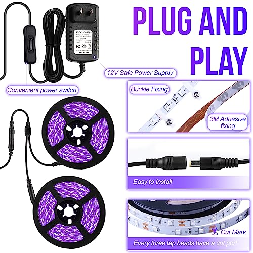 66ft/20M LED Black Light Strip Kit, 1200 Units Lamp Beads, 385nm-400nm, 12V Flexible Blacklight Fixtures, 20M LED Ribbon, Non-Waterproof for Indoor, Birthday, Dark Party, Halloween, Christmas