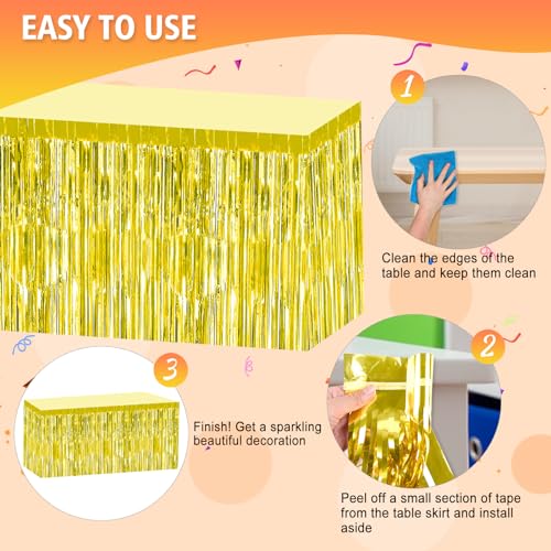 2 Pack 29.5x108 Inch Gold Foil Tinsel Fringe Table Skirts, Disposable Table Skirts for Rectangle Tables Curtains Backdrop Parade Wedding Floats Baby Shower Birthday Mardi Gras Party - color: Gold