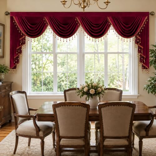 Extra Wide Burgundy Velvet Waterfall Valance, 110 x 43, 1 Panel | Soft Velvet Fabric, Beaded Tassel Trim, Creates Graceful Folds Layered look, Designed For Large Windows, Rod Pocket Top - color: Burgundy, size: 110"W x 43"L (Pack of 1)