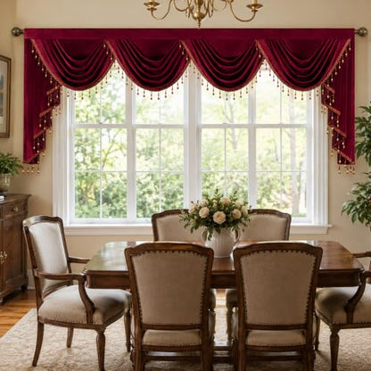 Extra Wide Burgundy Velvet Waterfall Valance, 110 x 43, 1 Panel | Soft Velvet Fabric, Beaded Tassel Trim, Creates Graceful Folds Layered look, Designed For Large Windows, Rod Pocket Top - color: Burgundy, size: 110"W x 43"L (Pack of 1)
