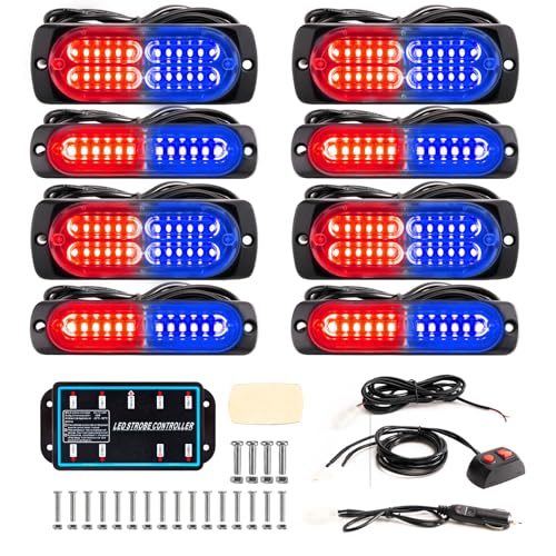 8-pcs Sync Feature LED Emergency Strobe Lights Ultra Slim Grille Surface Mount Flashing Warning Hazard Light Bar w/Controller for Snowplow, Construction Trucks, Vehicles, Car (R/B) - color: R/B, size: 8×4.5in