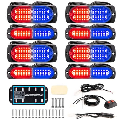 8-pcs Sync Feature LED Emergency Strobe Lights Ultra Slim Grille Surface Mount Flashing Warning Hazard Light Bar w/Controller for Snowplow, Construction Trucks, Vehicles, Car (R/B) - color: R/B, size: 8×4.5in