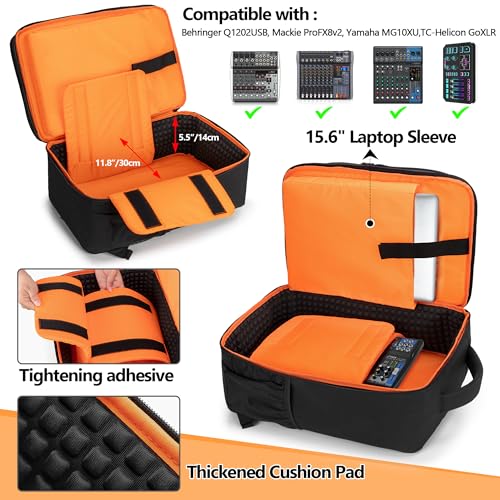 PGmoon DJ Mixer Case Compatible with Mackie ProFX8v2/Yamaha MG10XU | Compatible with Behringer Q1202USB/TC-Helicon GoXLR and More Mixers, Audio Mixer Backpack with Multi-Pockets for Equipment