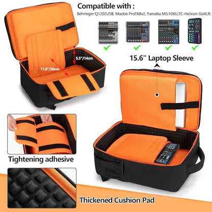 PGmoon DJ Mixer Case Compatible with Mackie ProFX8v2/Yamaha MG10XU | Compatible with Behringer Q1202USB/TC-Helicon GoXLR and More Mixers, Audio Mixer Backpack with Multi-Pockets for Equipment