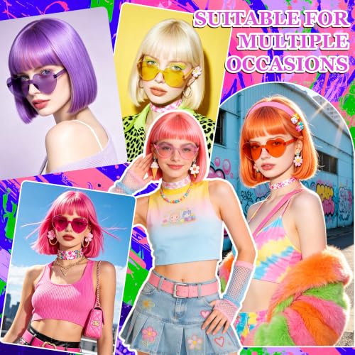 Purple Short Bob Straight Hair Wigs with Bangs, 11inch Synthetic Fiber Colorful Hair, Neon Heart-shaped Sunglasses and Wig Cap for Women, 80s 90s Costume, Halloween, Dress Up - color: Purple
