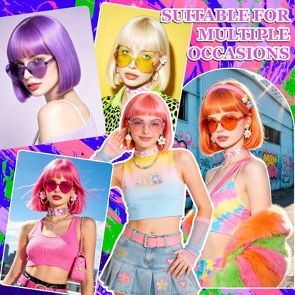 Purple Short Bob Straight Hair Wigs with Bangs, 11inch Synthetic Fiber Colorful Hair, Neon Heart-shaped Sunglasses and Wig Cap for Women, 80s 90s Costume, Halloween, Dress Up - color: Purple