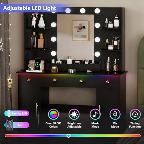 HUANLEGO Vanity Desk with Mirror and Lights, Makeup Vanity with Mirror and LED Lights & Power Outlet, 3 Drawers and Cabinets, 3 Lighting Modes Dressing Table Set for Girls Women Bedroom,Black - size: 43.7x15.7x57.6 in, style: Black
