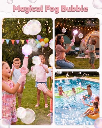 Fog Bubble Machine, Smoke Bubble Wand Machine Rechargeable with Lights & Sound Fog Game for Parties, Beaches, Summe (Pink)