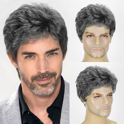 Mens Dark Grey Short Wig - Natural Looking Synthetic Hair Wig for Men Male,Heat Resistant,Layered Cut,Cosplay or Daily Wear Lightweight Male Wig - color: Dark Grey