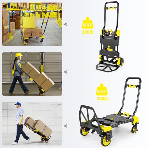 Folding Hand Truck Dolly, 330lb Convertible 4 to 2 Wheel Moving Cart,Yellow | Dolly Cart with Retractable, Aluminum Alloy & Cast Iron Build, Nylon Wheels,Compact Fold,for Moving,Office,Delivery,Outdoor - size: 330LB Yellow