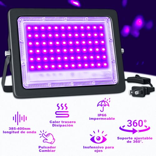 2 Pack 50W LED Black Light, Blacklight Flood Light with US Plug and Switch | IP66 Waterproof Black Lights for Neon Glow Party Glow in The Dark, Halloween, Body Paint, Fluorescent Poster - size: M-72LED