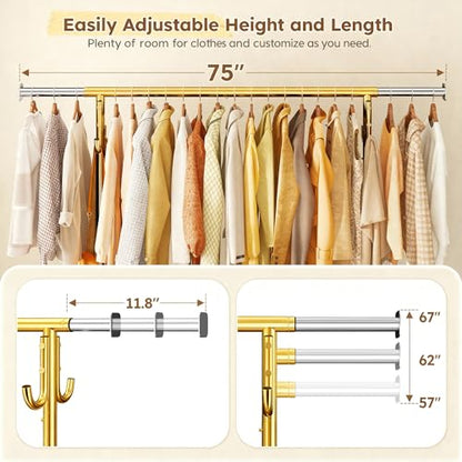 Raybee 75"W Heavy Duty Clothes Rack 450 LBS Rolling Garment Rack with Shelf | Extra Wide, Expandable, Height Adjustable, Tool-free Assembly, 360° Lockable Wheels, Bedroom Laundry Room - color: Gold, style: Rod Shelf