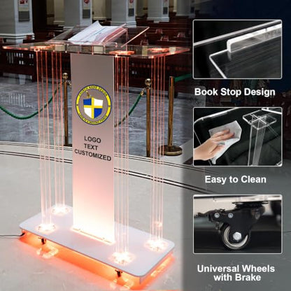 Acrylic Church Pilpits with Wheels, 46'' Church Podium with 15 Colors RGB LED Lights,Podium Stand Lecterns Pulpits for Church, Wedding, Concert Speech, Classroom (40”L*17.7”W *40”H) - size: 40”L*17.7”W *40”H