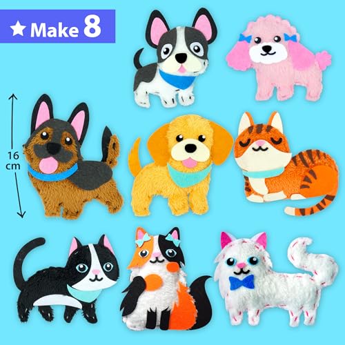 KRAFUN Puppy & Kitten Sewing Kit for Kids Ages 6+ | 8 Dolls | Sew 8 dog & cat stuffed dolls. Instructions & felt included. Great beginner gift for girls & boys learning to sew - color: Puppy & Kitten