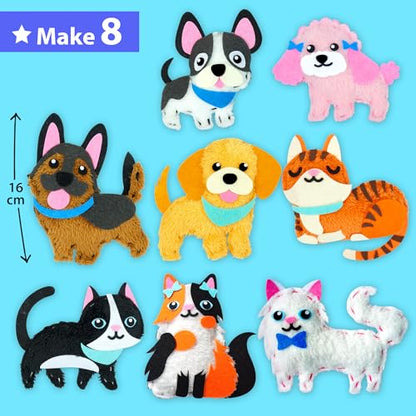 KRAFUN Puppy & Kitten Sewing Kit for Kids Ages 6+ | 8 Dolls | Sew 8 dog & cat stuffed dolls. Instructions & felt included. Great beginner gift for girls & boys learning to sew - color: Puppy & Kitten