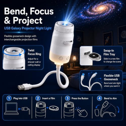 2-in-1 Galaxy Projector Night Light with 13 HD Projection Slides, USB Portable Starry Sky Night Light with 360° Rotation & Dual Auto-Off , Mini LED Ceiling Wall Lamp for Car Decor Bedroom Adults Gifts