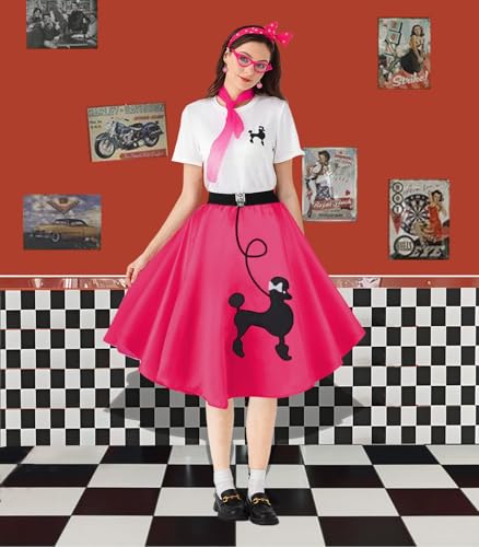 1950s Poodle Skirt Outfit Women 50s Sock Hop Costume T Shirt Accessories - color: Hot Pink, size: X-Large