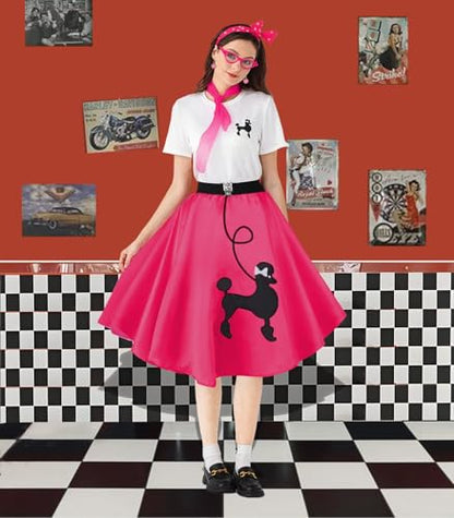 1950s Poodle Skirt Outfit Women 50s Sock Hop Costume T Shirt Accessories - color: Hot Pink, size: Large