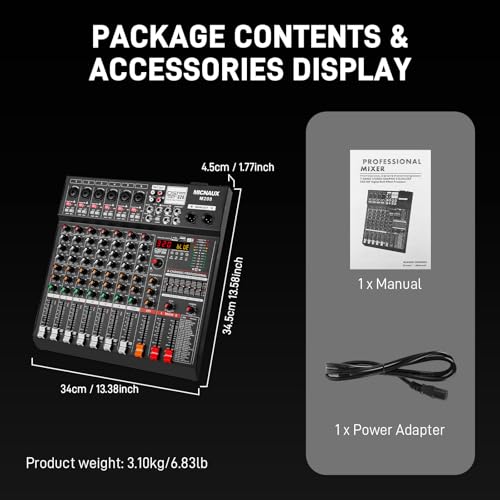 Audio Mixer 8 Channel Professional Sound Console Music Mixer with 320 DSP Effects, 7-band EQ DJ Mixing Board w/USB, Bluetooth, 48V Power Supply, PAD Button for Recording Karaoke PA Drum Live - size: 8 Channel - 13.3in