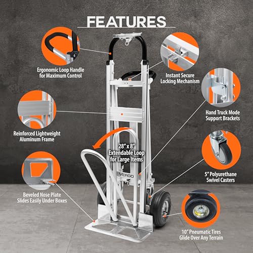 Vergo Industrial Convertible Hand Truck - AS7A2 Heavy Duty Aluminum 3 in 1 Dolly (750 lb Capacity) Lightweight Frame, Ergonomic Handle, Extendable Loop, Versatile Moving Dolly (3 Positions 53" High) - size: 3 Positions 53" High