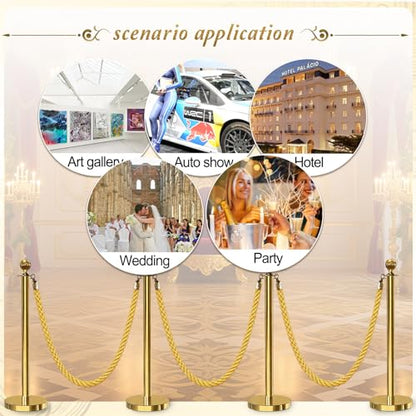 4PCS Gold Barrier Stanchion Rope 5 Ft Crowd Control Ropes Barrier with Gold Hooks for Party - color: Braided-Gold&Gold, size: 4PCS
