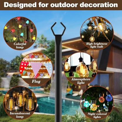 AILBTON 10Ft String Light Poles 6 Pack,Light Poles for Outside Lights,Outdoor with Fence Brackets Hanging Lights,Metal Stand Deck Patio Backyard - size: 10 feet