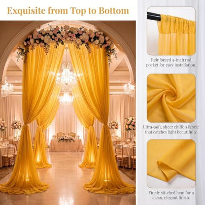 DUOBAO Gold Sheer Ceiling Drapes 20FT 6 Panels Chiffon Wedding Backdrop | Sheer Chiffon, Soft Draping Fabric, for Wedding Arch Tent Photography, 4-Inch Header, Rod Pocket, Reusable, Machine Washable - color: Gold, size: 60"W x 240"L (Pack of 6)