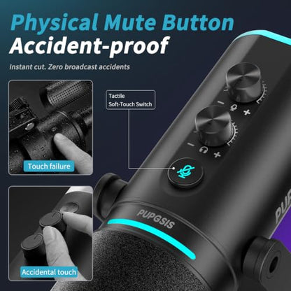 XLR/USB Dynamic Podcast Microphone for Streaming/Recording/Gaming | Mute Button, Reverb Effects, Noise Cancellation, RGB Light Boom Arm Stand, Headphones Jack,SNR>85dB - size: With Boom Arm