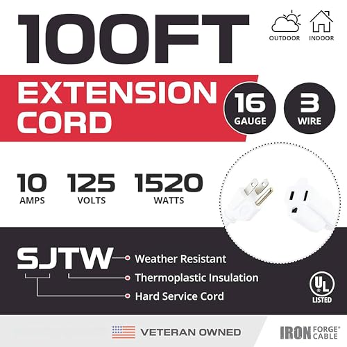 Iron Forge Cable 16 Gauge Heavy Duty White Extension Cord, 100 Ft - SJTW | 16/3 SJTW Cable, 3 Prong Grounded Plug, 13 Amp - For Landscaping, Leaf Blowers, Lights, Appliances - size: 100 Foot