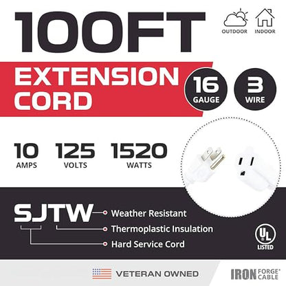 Iron Forge Cable 16 Gauge Heavy Duty White Extension Cord, 100 Ft - SJTW | 16/3 SJTW Cable, 3 Prong Grounded Plug, 13 Amp - For Landscaping, Leaf Blowers, Lights, Appliances - size: 100 Foot