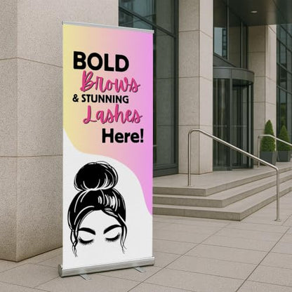 Lashes & Brows Retractable Stand Banner by DC | 33"x81" Roll-Up Display | Bold Brows Stunning Lashes Here Vertical Pull-Up Banner for Trade Shows & Events | Made in USA | (Stand Not Included) - color: Bold Brows Stunning Lashes Here, size: Retractable Ban